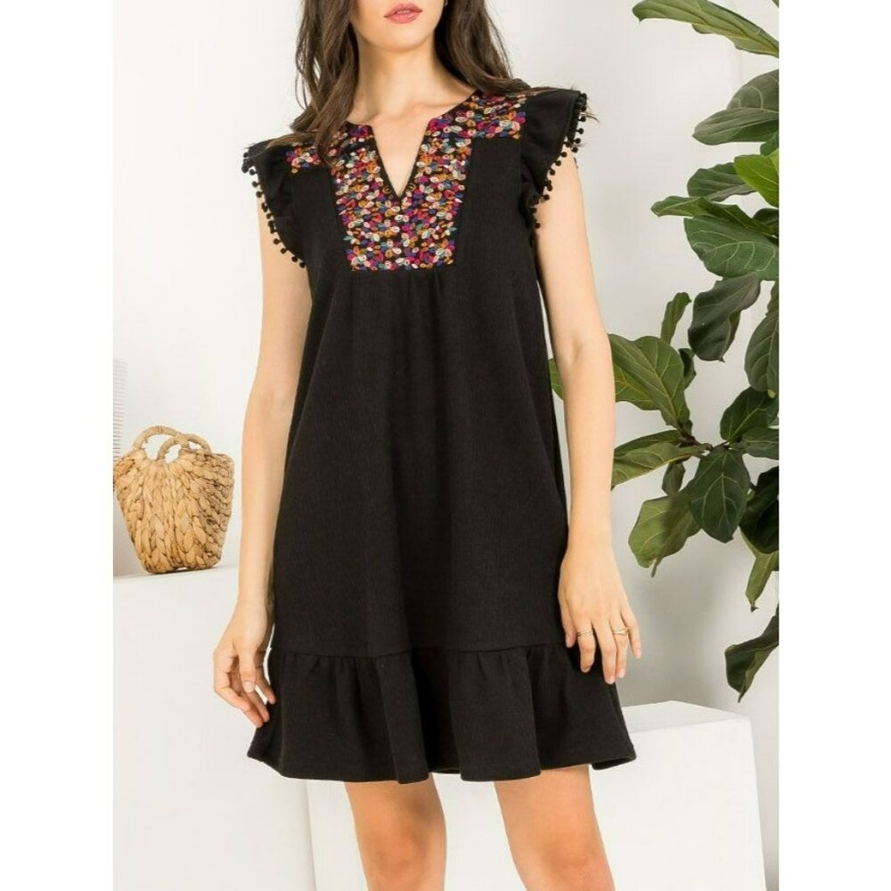 Maca Black Embroidered Boho Dress With Ruffle Hem & Pom Pom Sleeves Size Large